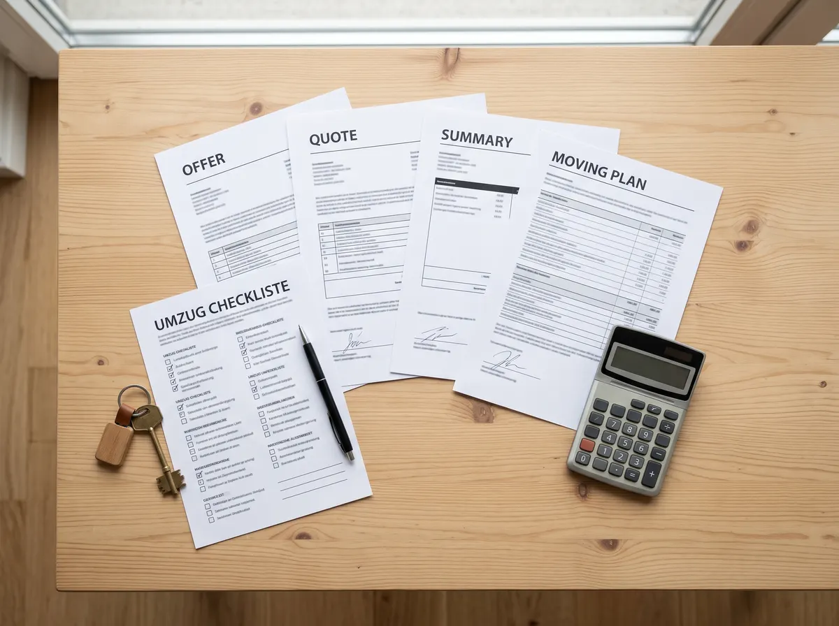 Zwei Umzugsofferten nebeneinander mit Markierungen und Checkliste