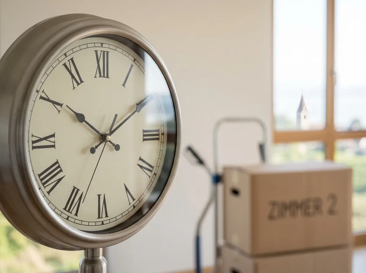 Stoppuhr neben einem Umzugswagen als Symbol für den Stundensatz
